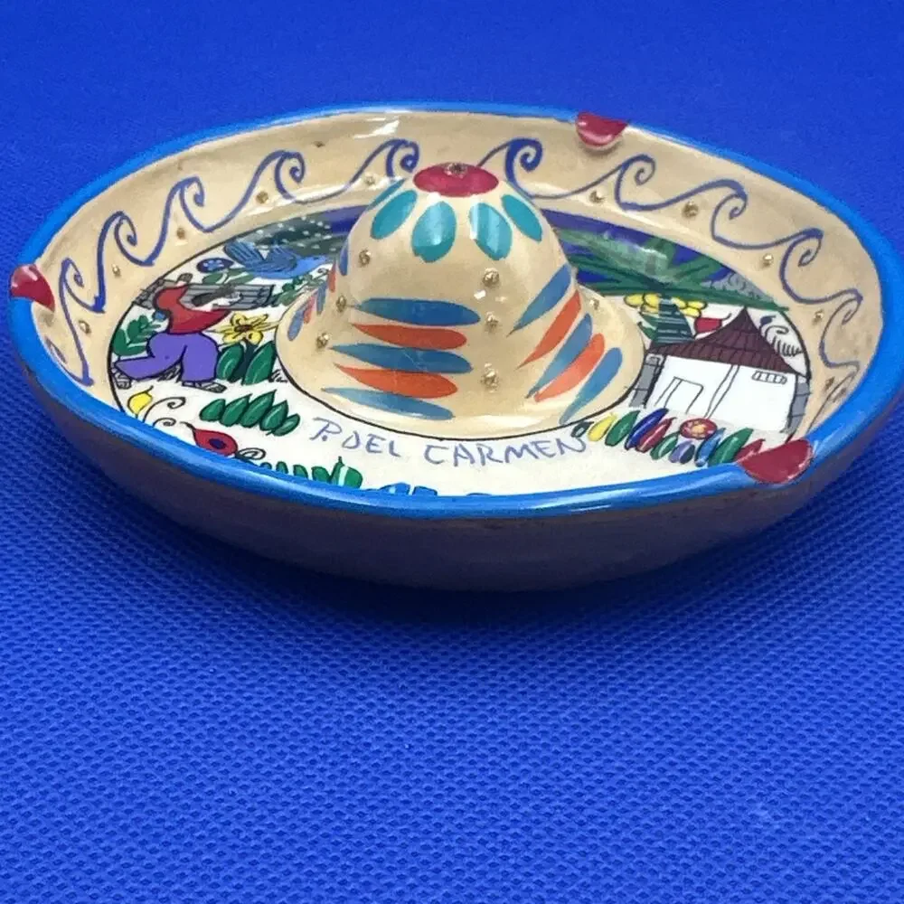 Sombrero Ashtray Clay Pottery Hand-Painted Artist Marked Mexico Colorful Hat‎
